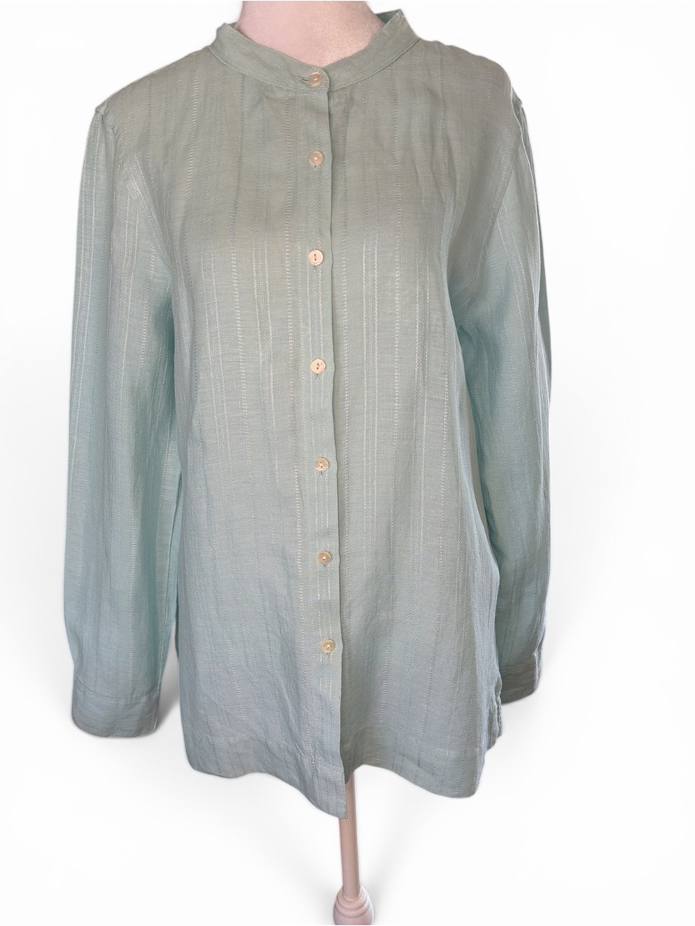 LL Bean 100% Linen Light Blue Band Collar Tunic Shirt Blouse Size M Boho Coastal
